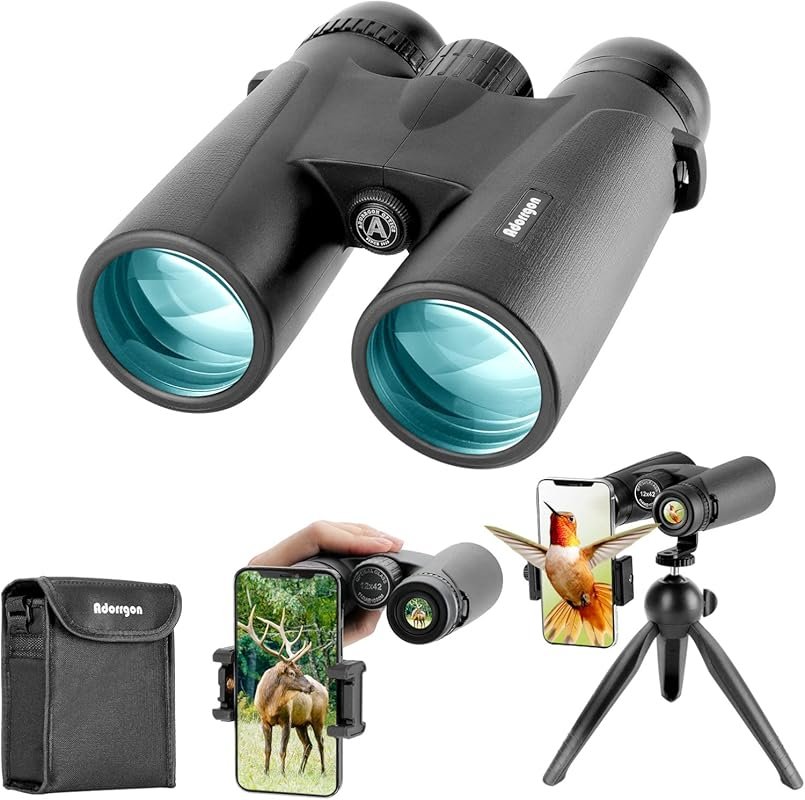 Adorrgon 12x42 HD Binoculars: High Powered with Phone Adapter & Tripod